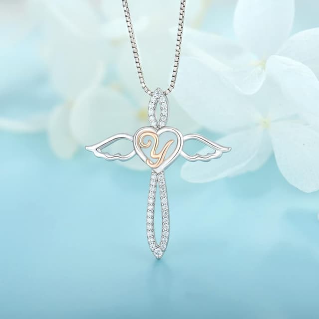 Detalle de FJ Buchstabe-Kettenanhänger Kette Damen aus 925 Sterling Silber mit Zirkonia – Schutzengel Initiale Alphabet