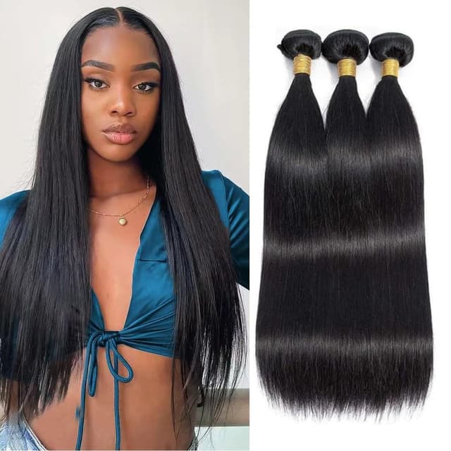 Detalle de Straight Bundles Human Hair 16-Inch Brazilian Straight Hair Bundles (16/16/16) — 100% Unprocessed Virgin Hair Weave