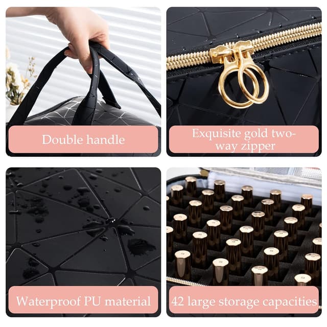 Detalle de Uross Nail Polish Organizer Bag (holds 42 bottles) — Black nail storage case for polish and nail tools