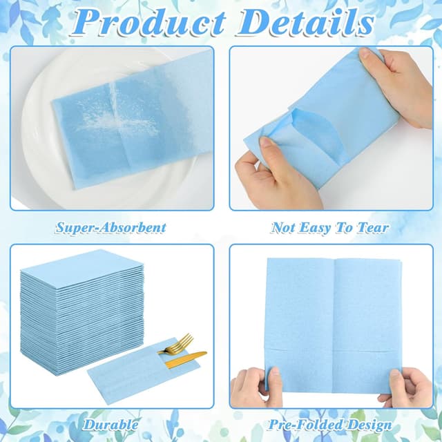 Detalle 2 de NatNarr 60 Pack Light Blue Linen-Feel Paper Napkins with Built-in Flatware Pocket