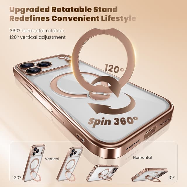 Detalle de GolbinBox iPhone 17 Pro Max Case with 360° Spin Magnetic Stand, MagSafe Compatible (Rose Gold/Clear)