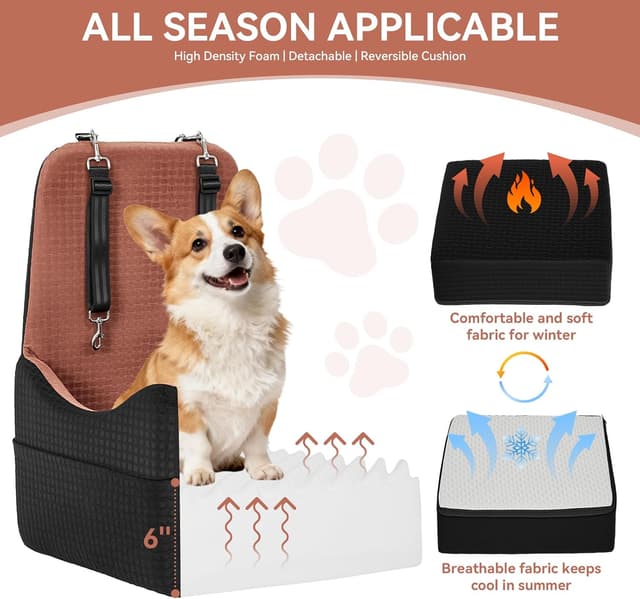 Detalle 2 de PETSFIT Autositz für kleine bis mittelgroße Hunde bis 15 kg – Sicherheitsgurt-System, 15 cm Erhöhung, waschbar (Schwarz & Braun)