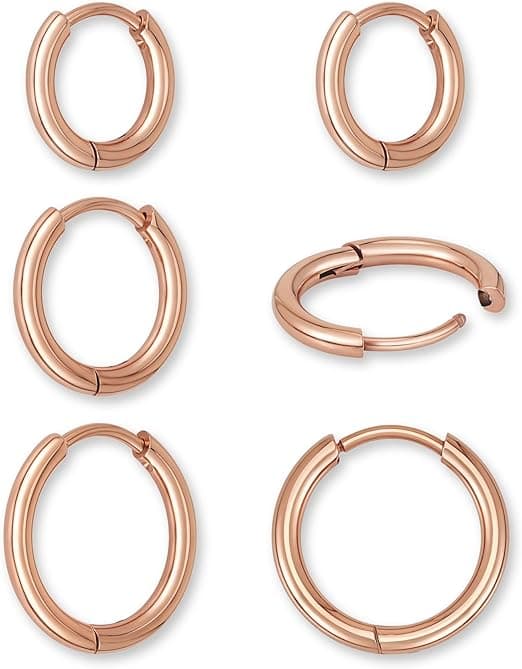 Detalle de Aros de acero inoxidable oro rosado para mujer - 3 pares