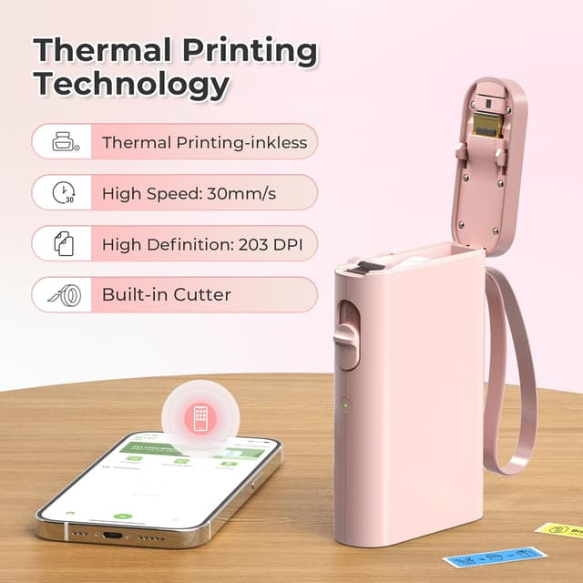 Detalle de Nelko P21 portable Bluetooth label printer with tape (pink) for phone-based stickers and organisation