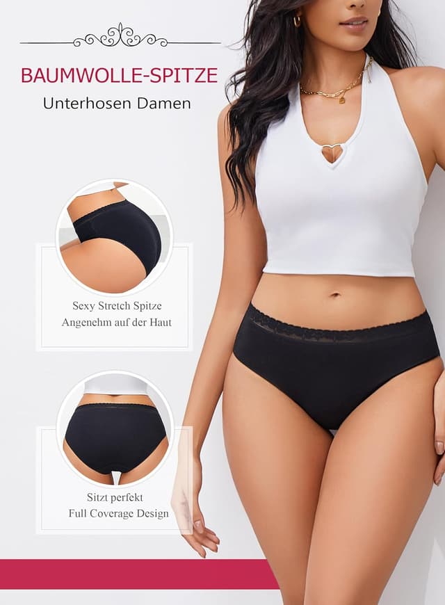 Detalle 2 de BeReady Mutande Donna in cotone con pizzo morbido e traspirante, confezione da 6 slip (S–XXL)