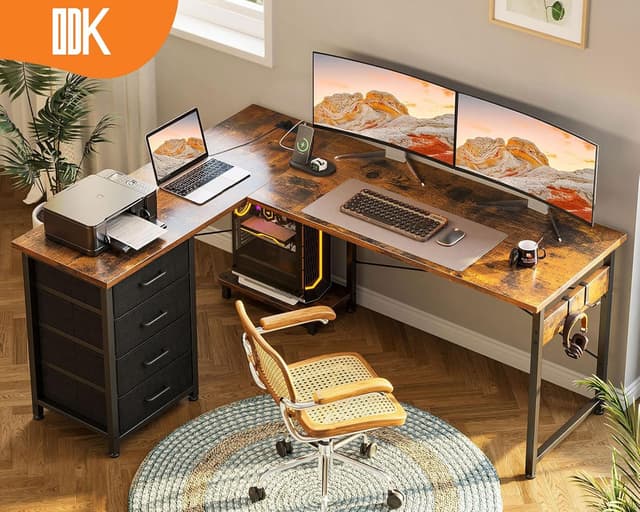 Detalle 2 de ODK Corner Desk with Drawers – Reversible L Shaped Computer Desk with Power Outlet, USB Charging and Host Stand, 135×100cm (Vintage Brown)