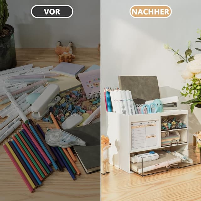 Detalle de RISEMART Schreibtisch-Organizer mit 3 Schubladen und 5 Fächern – Stifthalter, Ablage & stapelbare Ordnung für Büro und Zuhause