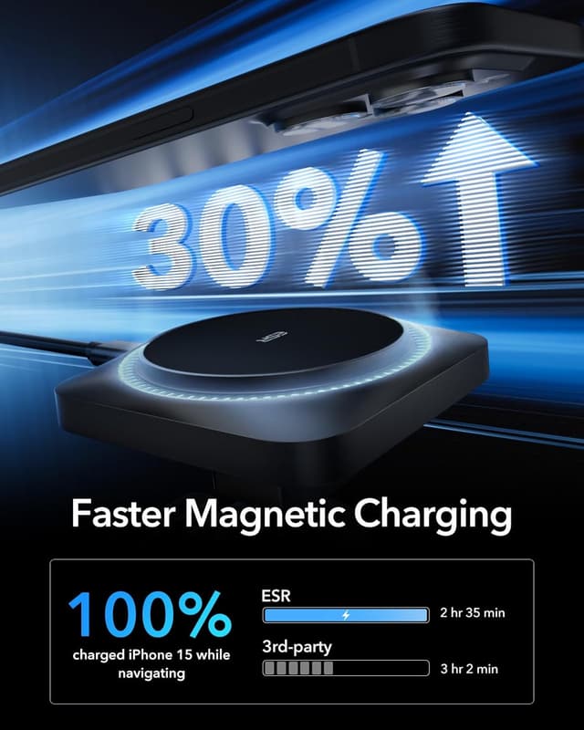 Detalle de ESR MagSafe Autohalterung Ladegerät mit CryoBoost für iPhone & Galaxy – Schnellladen mit magnetischem Place-and-Go