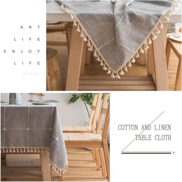 Detalle de Pahajim Tischdecke aus Baumwolle-Leinen, rechteckig (Grau mit Gitter), abwaschbar, 140 x 260 cm mit Quasten