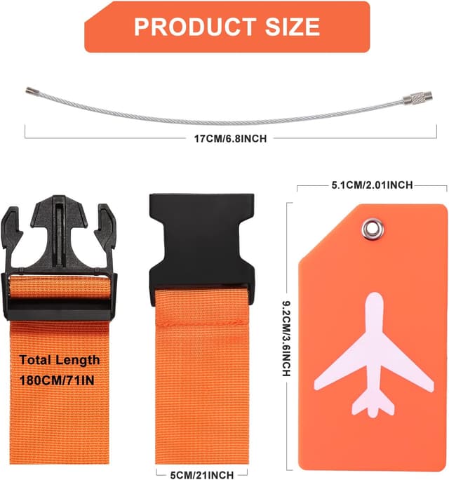 Detalle 2 de Vinabo einstellbarer Koffergurt-Set (4 Stück) mit farbigen Kofferanhängern zum schnellen Wiederfinden