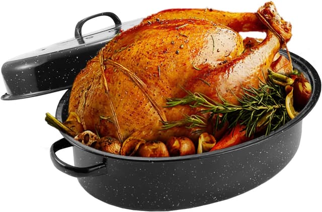 Thumbnail 1 de JY COOKMENT Granite Roaster Pan (18 in) with Domed Lid, Oval Enamel Roasting Pan for Turkey, Chicken, and Vegetables