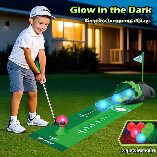 Detalle 1 de Clemas Upgraded Kids Toy Golf Set with Automatic Ball Returner, LED Light-Up Balls & Putting Mat