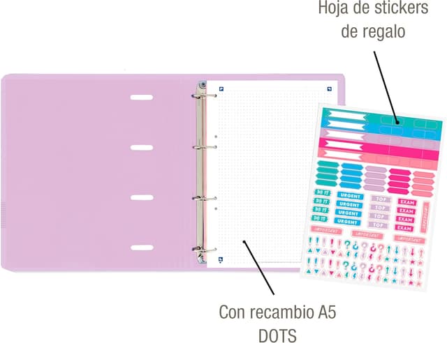 Detalle de Oxford Live & Go Classeur A5 à 4 anneaux mauve pastel avec fermeture élastique et recharge Dots