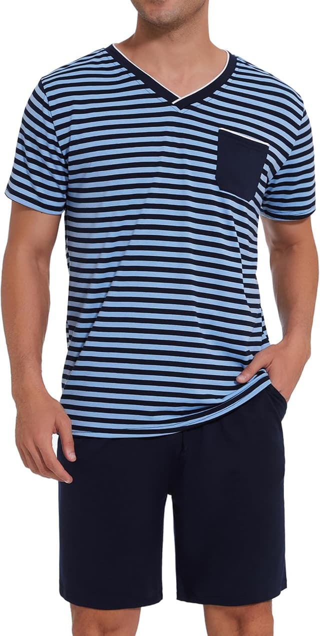 Detalle de Leversic Herren-Schlafanzug kurz aus Baumwolle mit Kontraststreifen-Design – Sommer-Pyjama Set