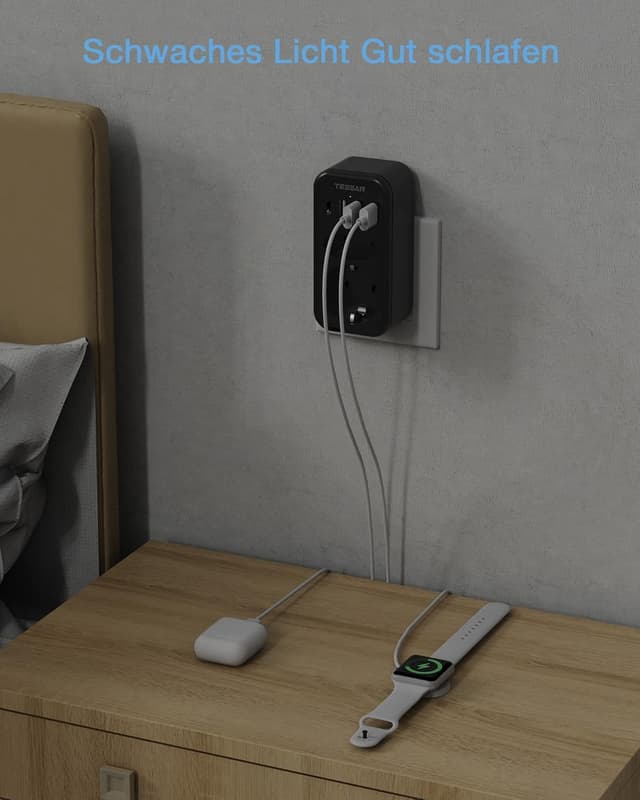 Detalle 2 de TESSAN Doppelstecker für Steckdose mit USB‑C – 2fach Adapter + 4× USB Netzstecker (3600 W, Schwarz)