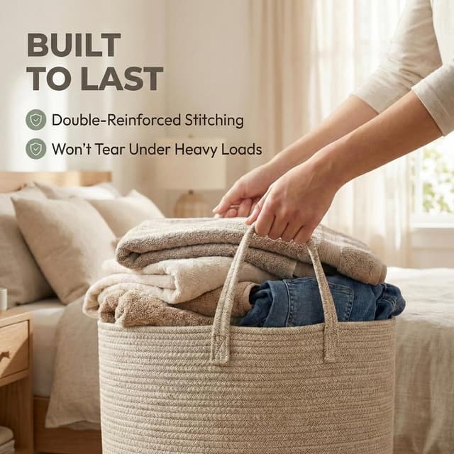 Detalle 2 de JMvicyroam 65L Extra-Large Blanket Basket (Woven Cotton Rope Laundry Hamper) — Oatmeal