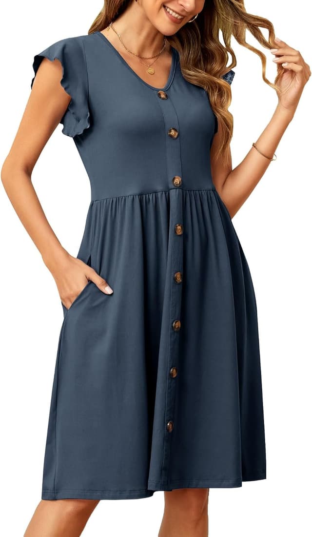 Detalle de Robe d’été midi SENBATU pour femme à col en V, manches à volants et poches (S-2XL, 34-52)