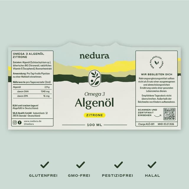 Detalle 2 de nedura® Omega 3 Algenöl mit Zitronenöl (vegan) – natürliches DHA & EPA, laborgeprüft, 100 ml