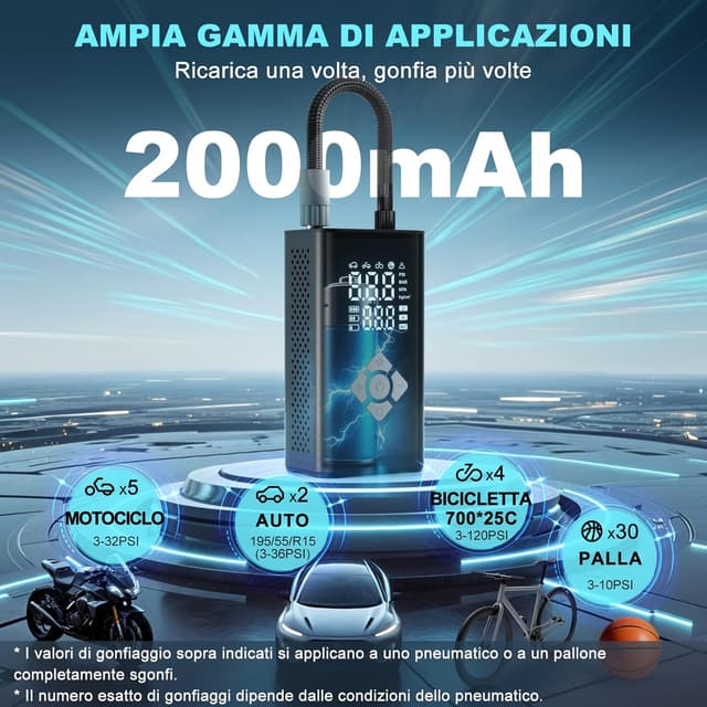 Detalle de TECHCYC Pompa aria elettrica portatile 150 PSI con arresto automatico e ricarica USB-C (7,4V 4000 mAh)