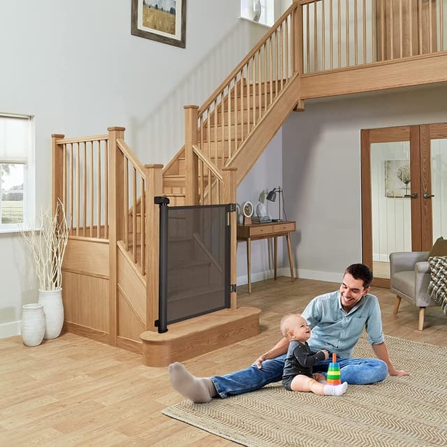 Detalle 2 de Treppenschutzgitter ausziehbar bis 200 cm (86 cm Höhe) – Türschutzgitter für Kinder, Katzen und Hunde – schwarz
