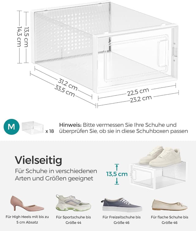 Detalle de SONGMICS Schuhboxen-Set (18 Stück) LSP18SWT: faltbar, stapelbar & transparent für Schuhe bis Größe 44