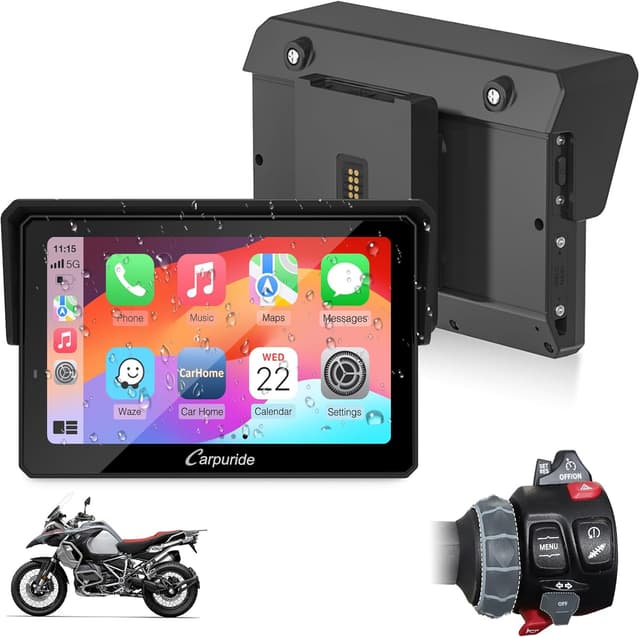 Detalle de CARPURIDE W502BS Pro für BMW-Motorrad: drahtloses CarPlay & Android Auto, Dual-Bluetooth und wasserdichter 5‑Zoll-GPS-Bildschirm