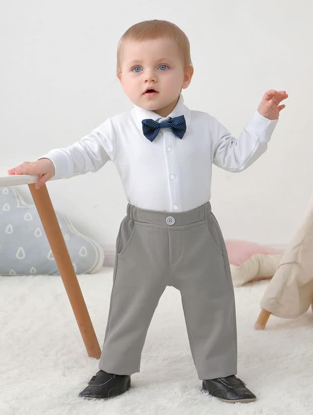 Detalle de Amissz Baby Jungen Bekleidungsset „Gentleman“ (3-24 Monate) mit Strampler, Hose, Weste & abnehmbarer Fliege