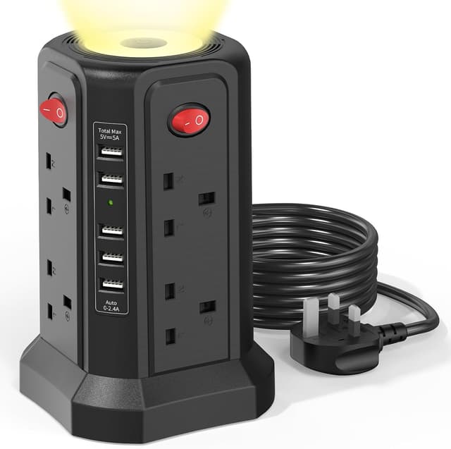 Detalle de Tower Extension Lead 8‑way 5 USB 3250W surge protector 🔌