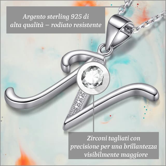 Detalle 2 de Morella collana da donna in argento 925 rodiato con ciondolo lettere diverse e zirconi bianchi, 45 cm