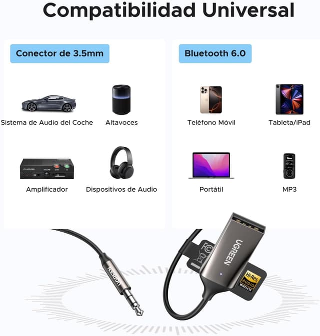Detalle 2 de UGREEN Receptor Bluetooth 6.0 para coche 10 m