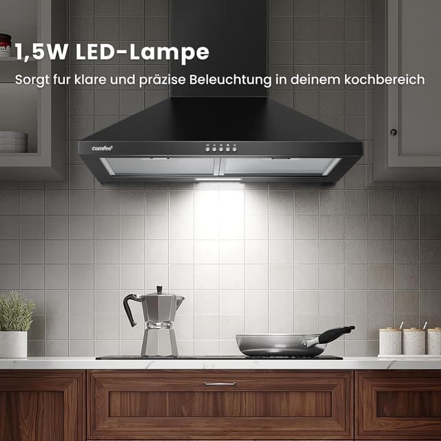 Detalle 2 de COMFEE' CH60A17EM400B Dunstabzugshaube 60 cm (Umluft & Abluft) mit 400 m³/h, Aktivkohlefilter, schwarz