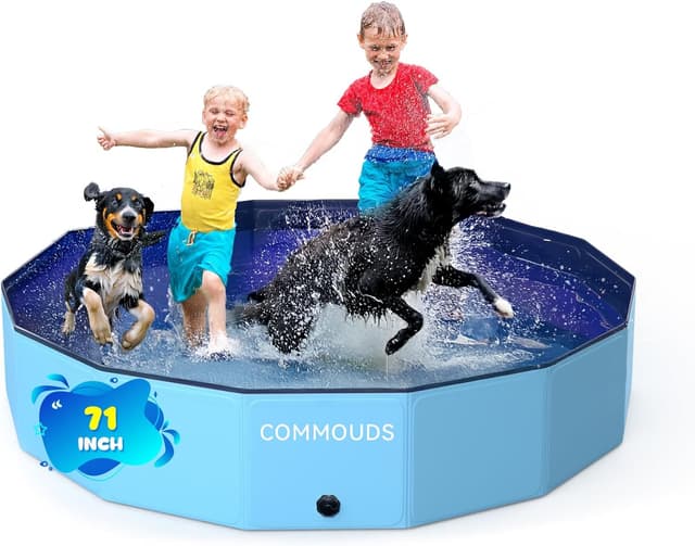 Detalle de COMMOUDS Foldable Dog Pool (71-inch x 12-inch) — Collapsible Hard Plastic Pet Kiddie Swimming Pool