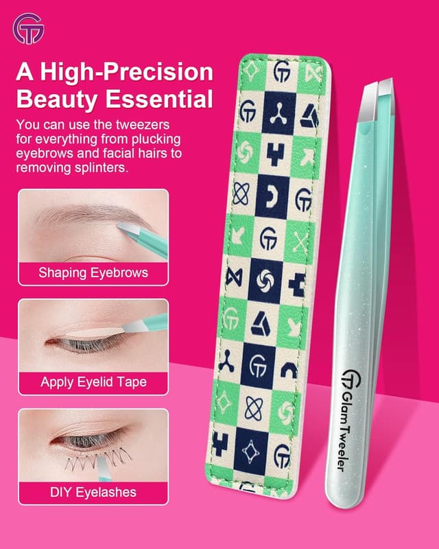 Detalle de GlamTweeler Expert Slant Tip Tweezers with Leather Case (Sparkle Mint Green & Silver)