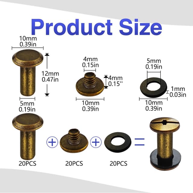Detalle 2 de Chicago-Buchschrauben-Set M5 x 12 mm (20 Sätze) aus Edelstahl – für Lederwaren, Taschen & Bindungen (Bronze)