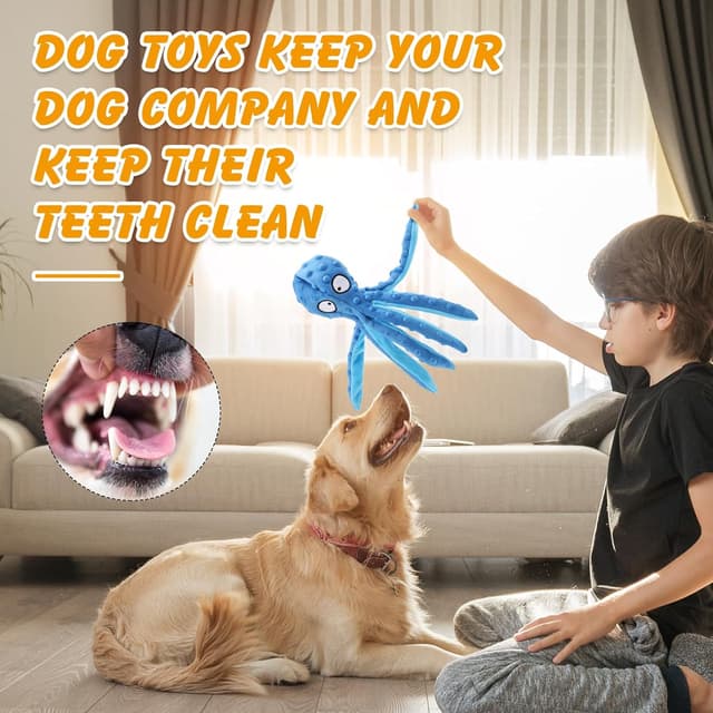 Detalle de RAYITO Octopus Dog Toys no-stuffing squeaky plush with crinkle paper (Purple/Blue) for small to medium dogs