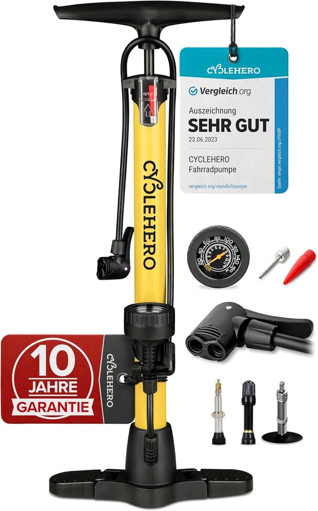 Detalle de CYCLEHERO Fahrradpumpe alle Ventile mit Manometer – Standpumpe bis 160 PSI (11 bar) und 10 Jahre Garantie