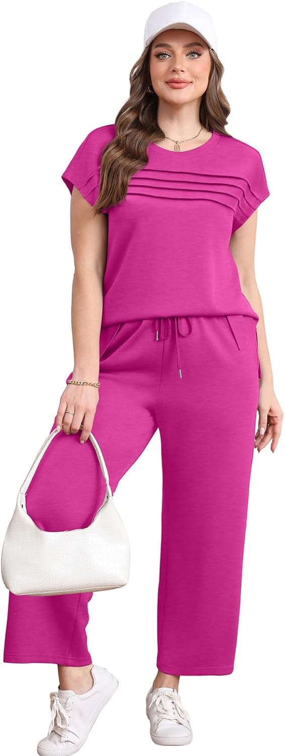 Detalle de WIHOLL Two-Piece Lounge Set for Women (Cap Sleeve Top + Wide-Leg Crop Pants), S–3XL