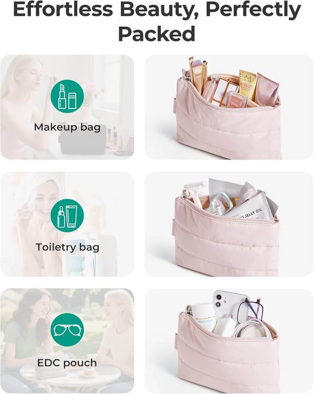 Detalle de BAGSMART Small Makeup Bag (Nude Pink) — Puffy, Water-Resistant Travel Cosmetic Pouch