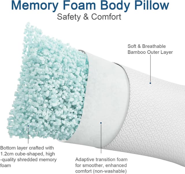 Detalle de Rainmr Extra Long Memory Foam Body Pillow (21 x 72 inches) with Cooling Cover