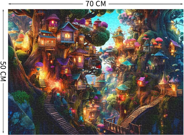 Detalle 2 de MOJIGE Puzzle 1000 Teile „Fantasie-Baumhäuser“ für Erwachsene, 70 x 50 cm