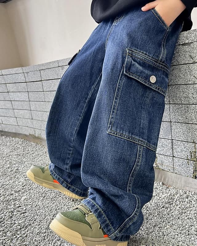 Detalle de Rolanko Baggy Jeans Jungen – weites Bein mit elastischem Bund & Cargo-Taschen (jeansblau)