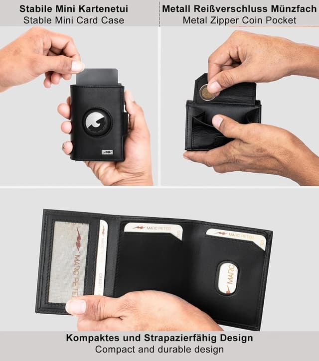 Detalle de Marc Peter Chicago Leder Push Air Slim Wallet – AirTag-Geldbörse mit Münzfach (RFID-Schutz) in Schwarz