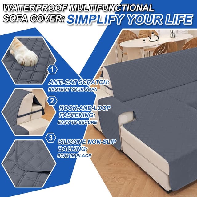 Detalle de YSTELLAA housse imperméable pour canapé d’angle 4 places (grise foncée) réversible