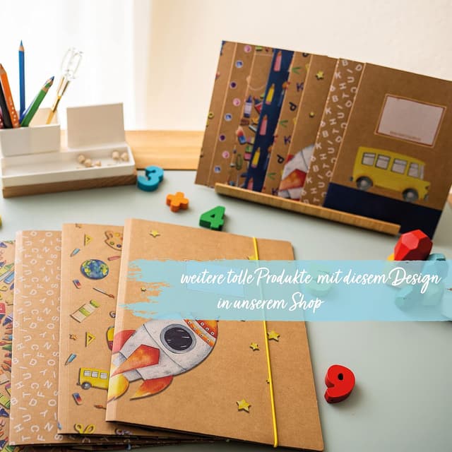 Detalle 2 de Papierdrachen Papierdrachen 4 Schulmappen aus plastikfreiem Karton (DIN A4, Gummiband) – Motiv Aquarell, Set 12