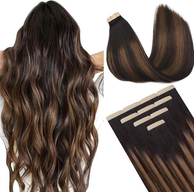 Detalle de DOORES Remi Extension Capelli Remy con skin weft biadesivo, Balayage castano scuro misto castano (40 cm, 25 g, 10 pz)