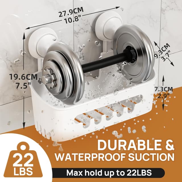 Detalle de LEVERLOC Suction Shower Caddy with 2 Baskets and No-Drill Storage Shelf (White)