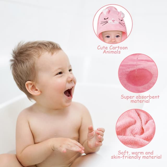 Detalle de Aolso Cape de bain bébé à capuche 3 pièces 80 x 80 cm (corail) Éléphant gris + Chaton rose + Ours blanc