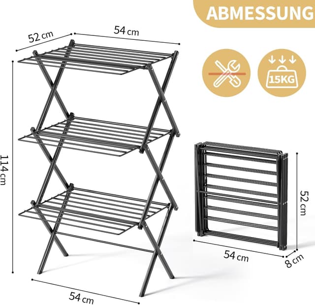 Detalle 2 de SYKIARIOL 3-Level Foldable Clothes Airer with 15kg capacity, 10m drying length (52 x 54 x 114cm) – Black