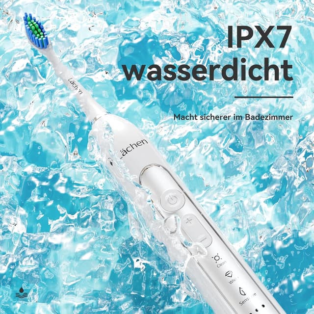 Detalle de Lächen Sonic Schallzahnbürste RM-T8B mit Timer, 3 Modi, 4 Aufsteckbürsten & Reisetasche (A-weiß)