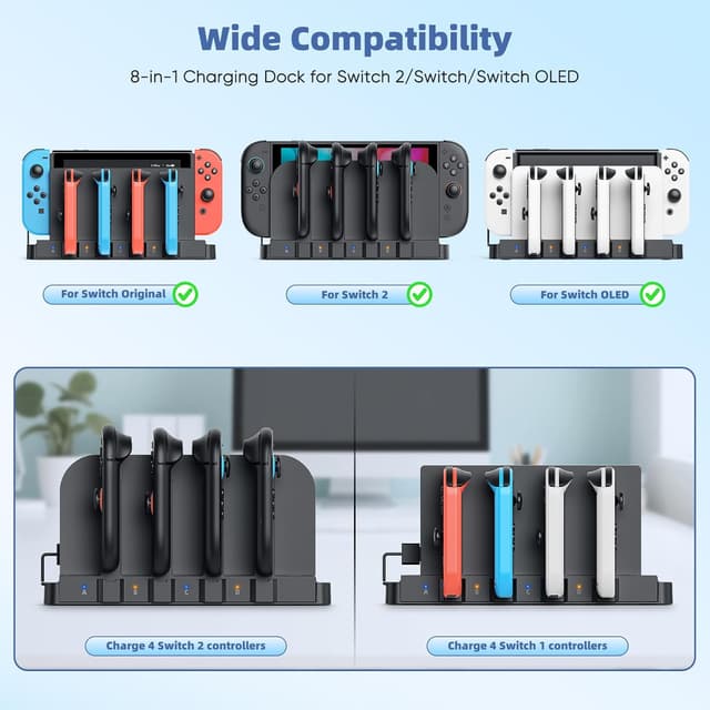 Detalle 2 de FASTSNAIL 9-in-1 Magnetic Joy-Con Controller Charger Dock for Nintendo Switch 2, Switch OLED & Switch (1st gen)